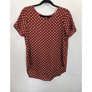 Pleione Blouse XS Rust Red Geometric Split Back High Low Short Sleeve Top Career